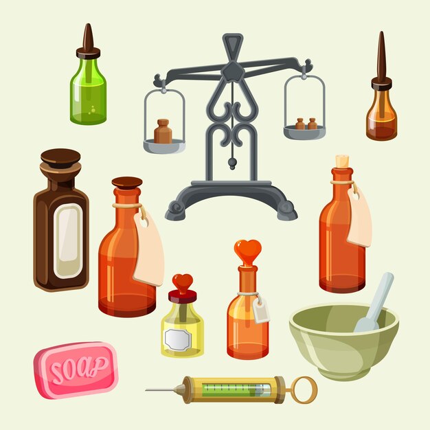 Conjunto de elementos de botica farmacéutica. Frascos realistas para aceites esenciales y productos cosméticos, jeringas, balanzas dispensadoras con medicamentos. Frascos vintage, goteros, jabón y vasijas.