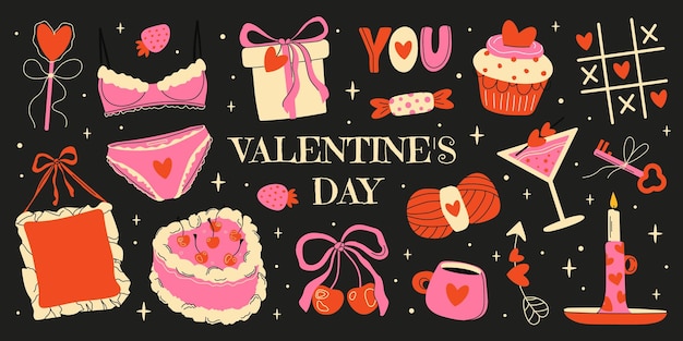 Conjunto de elementos brillantes para el Día de San Valentín Una colección de pegatinas para la fiesta del amor Diseño