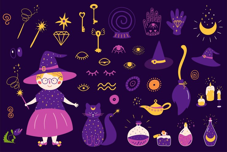 Vector conjunto de elementos de bruja conjunto mágico elementos de brujería de halloween iconos aislados sombrero de bruja de dibujos animados poción ojos clave gato mano escoba alquimia objetos misteriosos velas helloween ilustración vectorial