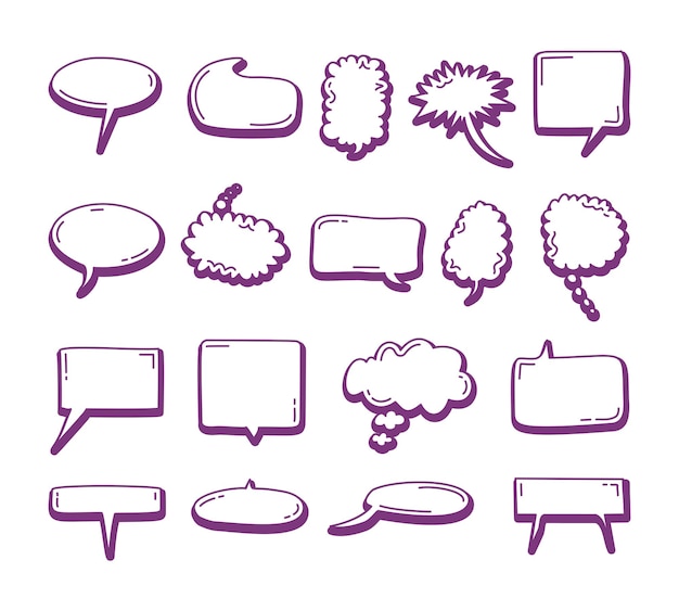 Vector conjunto de elementos de burbujas de discurso doodle burbujas de discurso de moda elementos dibujados a mano para citas y texto