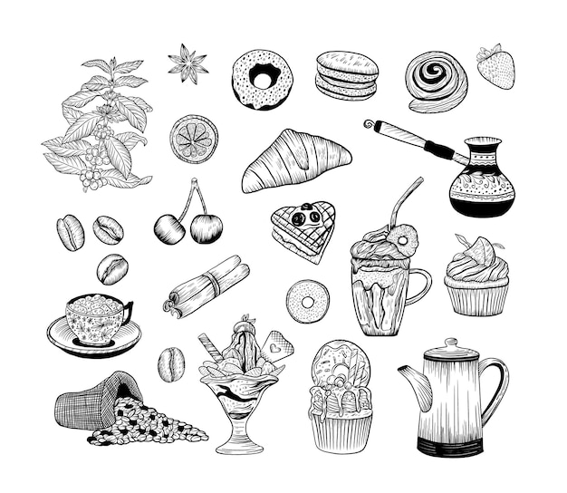 Conjunto de elementos de café de contorno vectorial. Elementos separados para menú, volantes, decoraciones de café.
