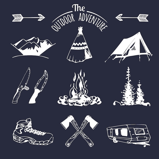 conjunto de elementos de camping vintage para logotipos