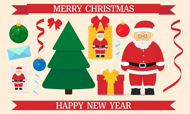 Conjunto de elementos de celebración de Navidad y Año Nuevo en estilo plano