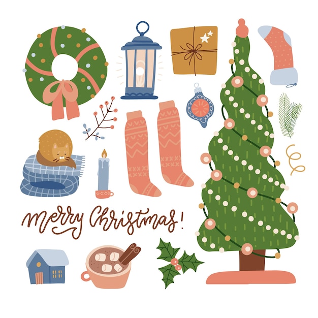 Conjunto de elementos de celebración navideña árbol regalos juguetes linterna ropa y adornos colección de invierno ...