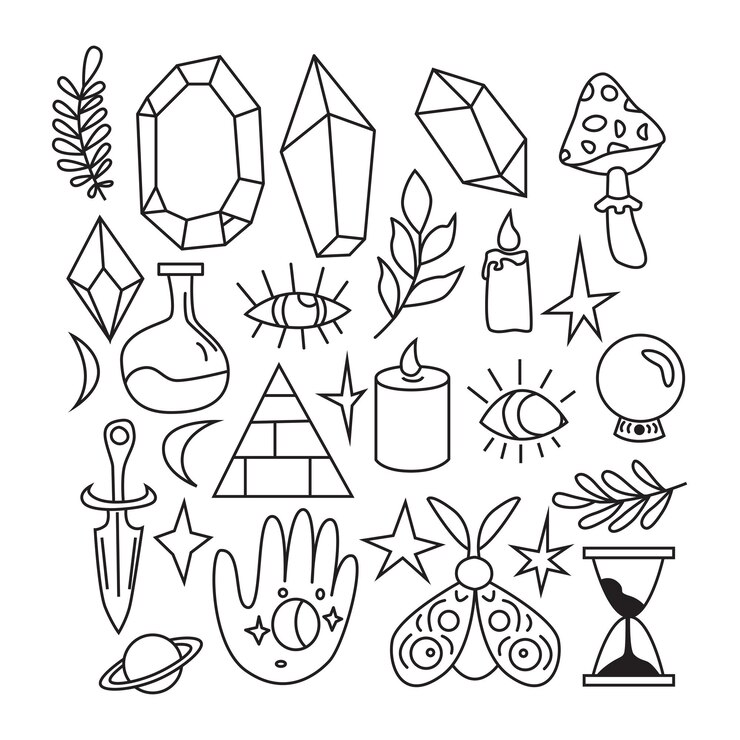 Vector conjunto con elementos celestiales mal de ojo velas setas cristalesvector ilustración mística aisladadoodle esotérico boho místico elementos dibujados a manoperfecto para carteles tatuaje tarjetas textiles