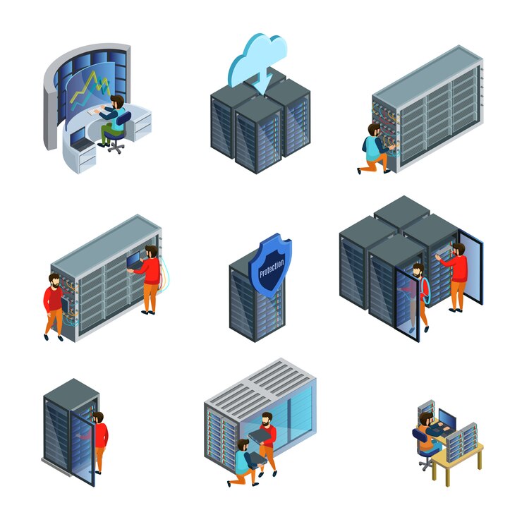 Vector conjunto de elementos de centro de datos isométricos