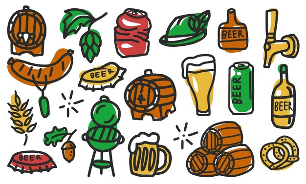 Conjunto de elementos para la cervecería, incluido un sombrero de lúpulo de oso de cerveza con una cebada de plumas y una botella