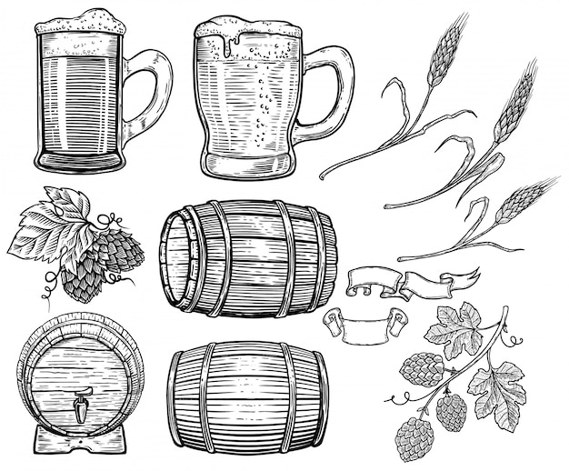 Conjunto de elementos de cerveza hechos a mano. Lúpulo, trigo, barriles de madera, jarras de cerveza. Elemento de diseño para póster, tarjeta, menú, emblema, insignia. imagen