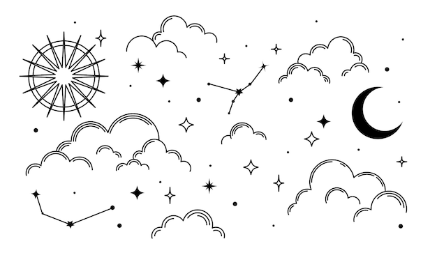 Vector conjunto de elementos de cielo esotérico en blanco y negro.