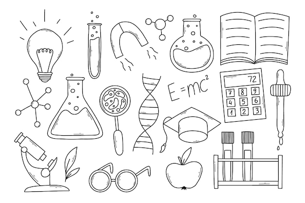 Conjunto de elementos científicos en estilo doodle Colección lineal de elementos científicos tubo de ensayo vaso lupa microscopio pipeta ilustración vectorial