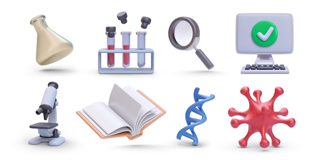 Conjunto de elementos científicos frasco tubo de ensayo de ampliación pc microscopio libro dan bacterias en estilo realista 3D Ilustración vectorial
