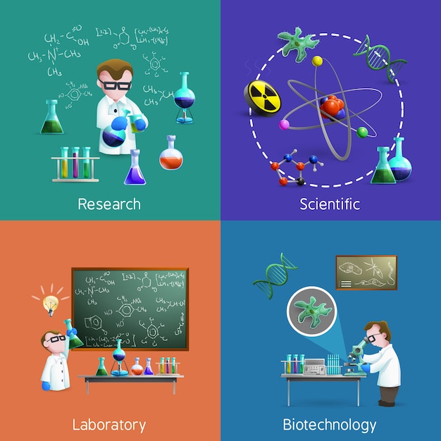 Conjunto de elementos de los científicos en el laboratorio