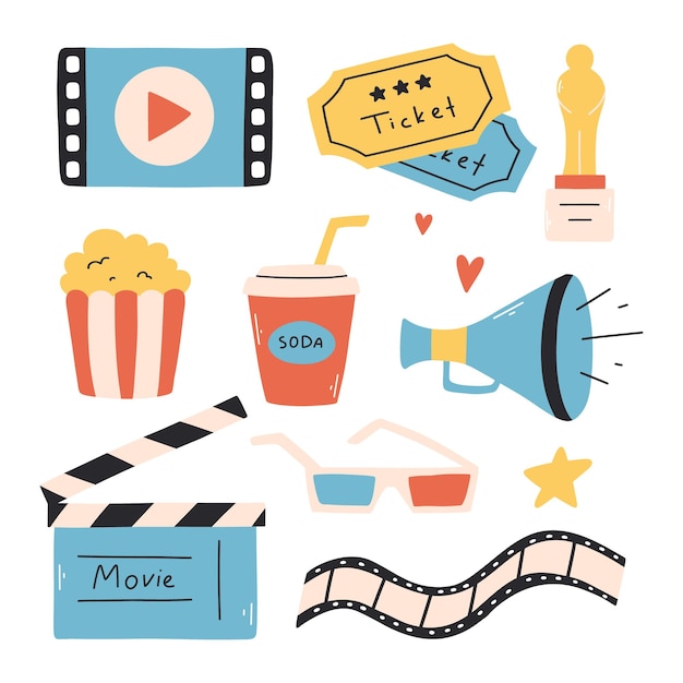 Conjunto de elementos cinematográficos Ilustración vectorial Estilo plano Colección de objetos para el cine
