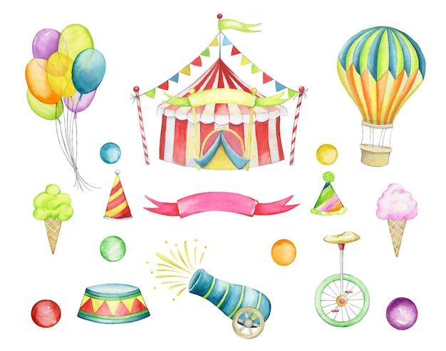 Vector un conjunto de elementos de circo en estilo de dibujos animados sobre un fondo aislado carpa globos bicicleta cañón helado