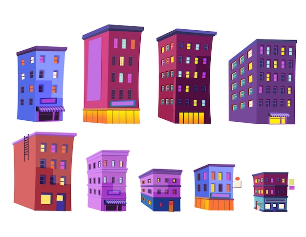 Conjunto de elementos para la ciudad con casas tiendas cafe hotel bankVector ilustración en estilo plano