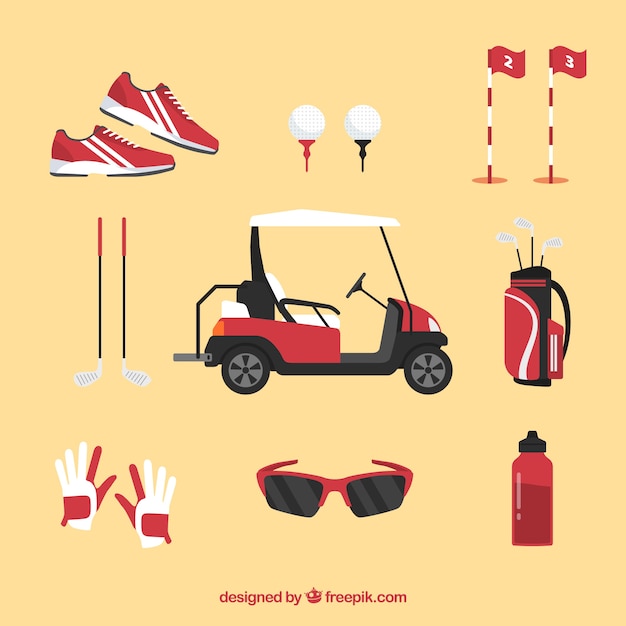 Vector conjunto de elementos de club de golf en estilo plano