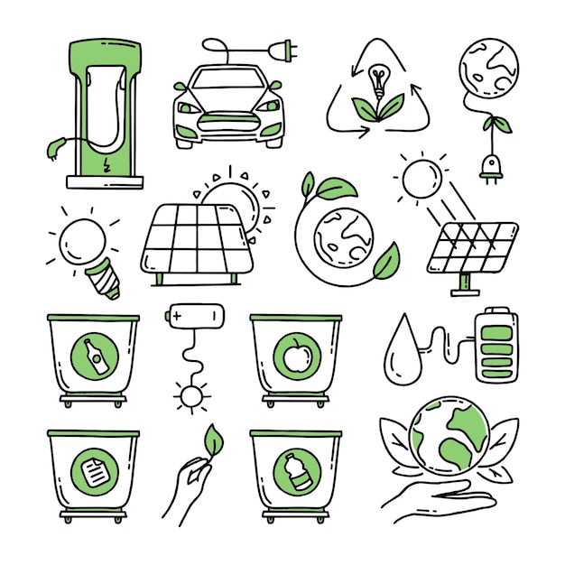 Un conjunto de elementos Co2 concepto de cambio climático Reciclaje Separación de basura Vector doodle