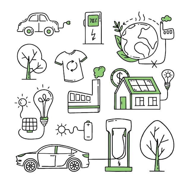 Un conjunto de elementos Co2 concepto de cambio climático Reciclaje Separación de basura Vector doodle