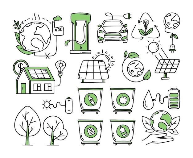 Un conjunto de elementos Co2 concepto de cambio climático Reciclaje Separación de basura Vector doodle