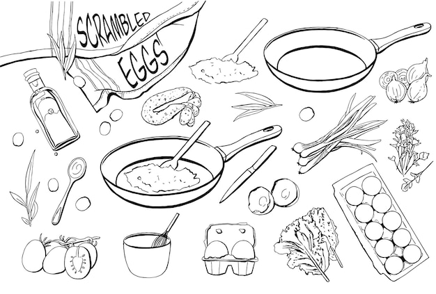 Conjunto de elementos de cocción para huevos revueltos haciendo una ilustración vectorial dibujada a mano