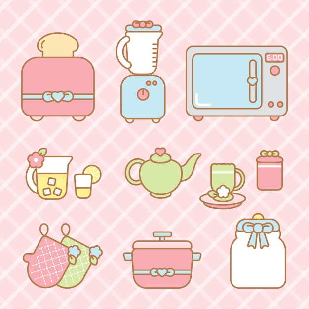 Conjunto de elementos de cocina kawaii