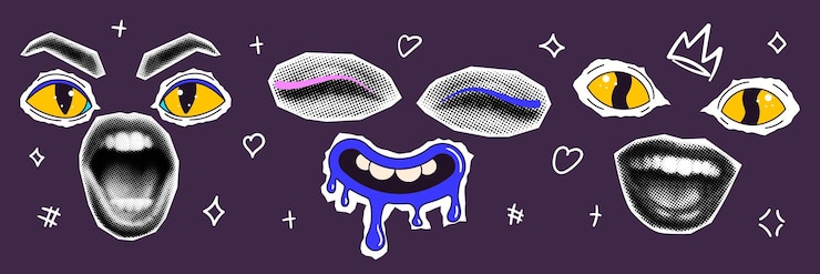 Vector conjunto de elementos de collage de moda ojos y labios de mujer caras raras y divertidas