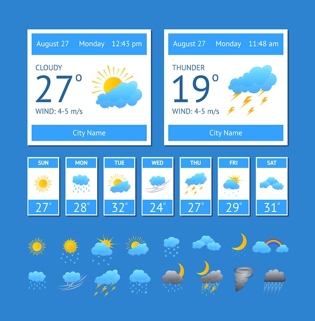 Vector conjunto de elementos de color del clima de dibujos animados concepto de pronóstico de meteorología de computadora o teléfono de interfaz para diseño web ilustración de vector de estilo plano