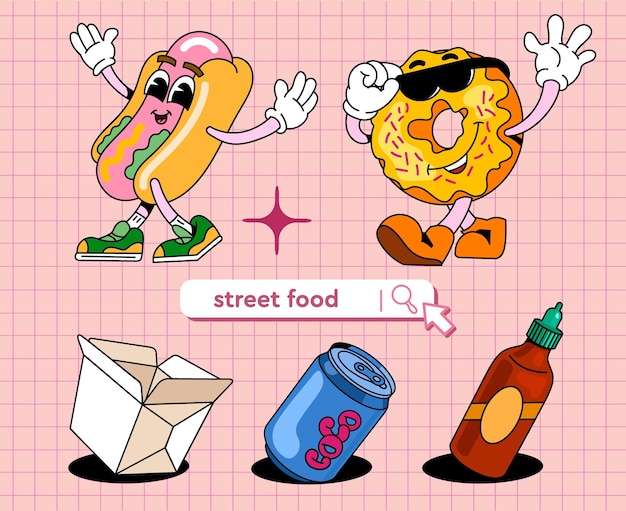 Conjunto con elementos de comida y bebidas callejeras Personas vectoriales dibujadas de hot dog y donut en estilo retro sobre fondo de patrón rosa Se puede usar para diseñar menús o pancartas pegatinas y afiches