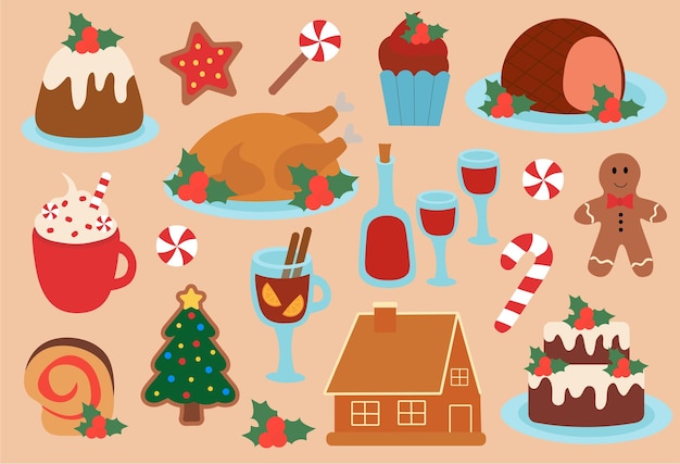 Conjunto de elementos de la comida de Navidad vacaciones de invierno platos ilustración plana vectorial
