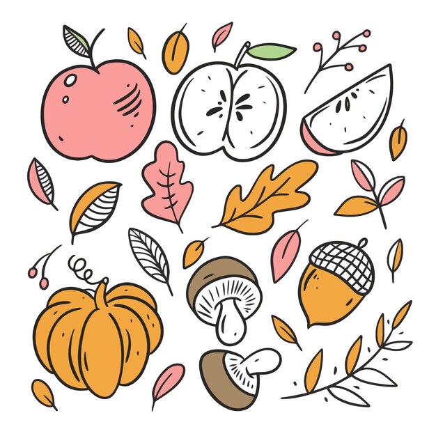 Conjunto de elementos de comida de otoño Estilo colorido de arte lineal Boceto dibujado a mano Doodle