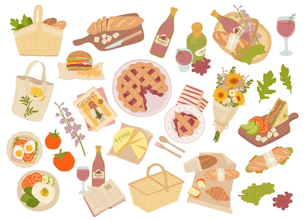 Conjunto de elementos de comida de picnic ilustración vectorial pastel de girasol ramo sándwich pan