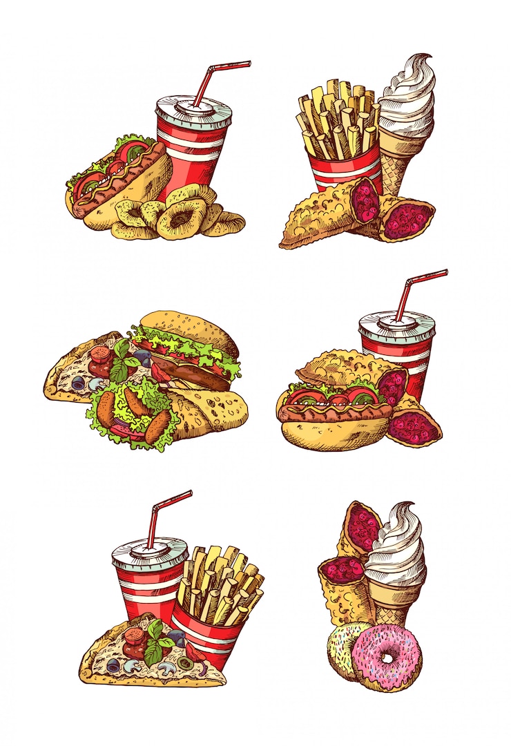 Vector conjunto de elementos de comida rápida color dibujado a mano. de boceto de hamburguesa de comida rápida dibujo, menú de restaurante de comida rápida