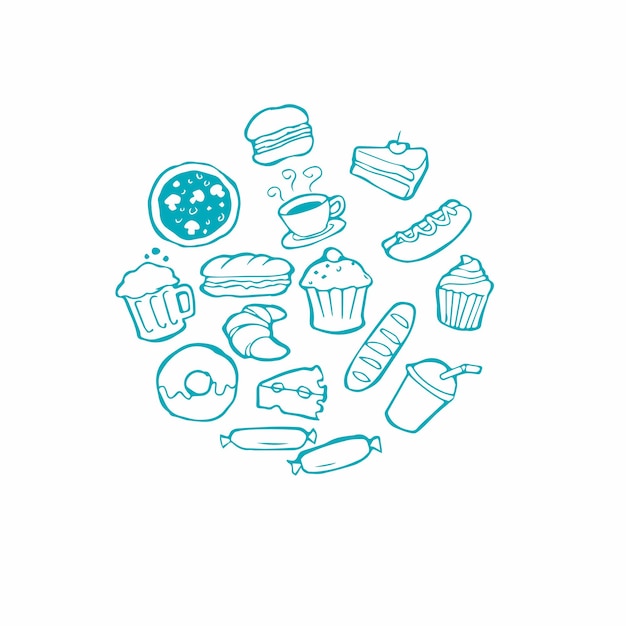 Conjunto de elementos de comida rápida en una ilustración vectorial de estilo doodle