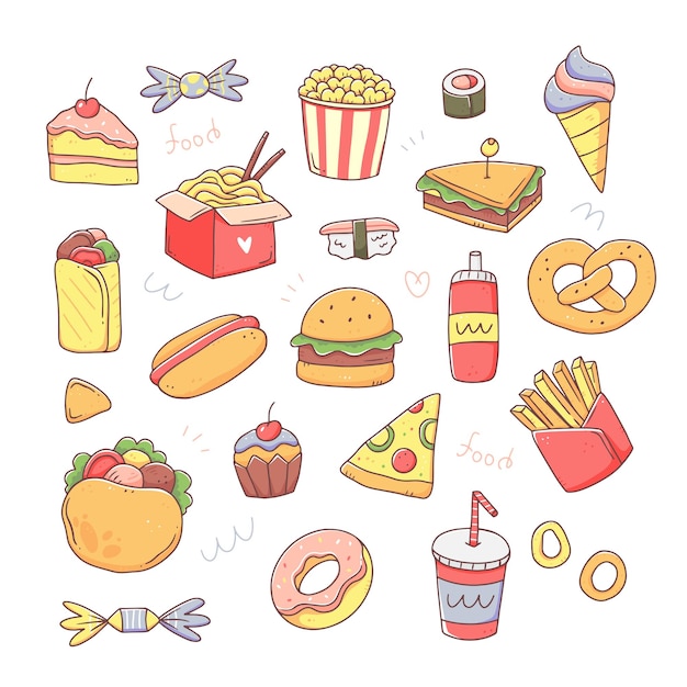 Conjunto de elementos de comida rápida en un lindo estilo de garabato kawaii Vector aislado ilustración de comida chatarra