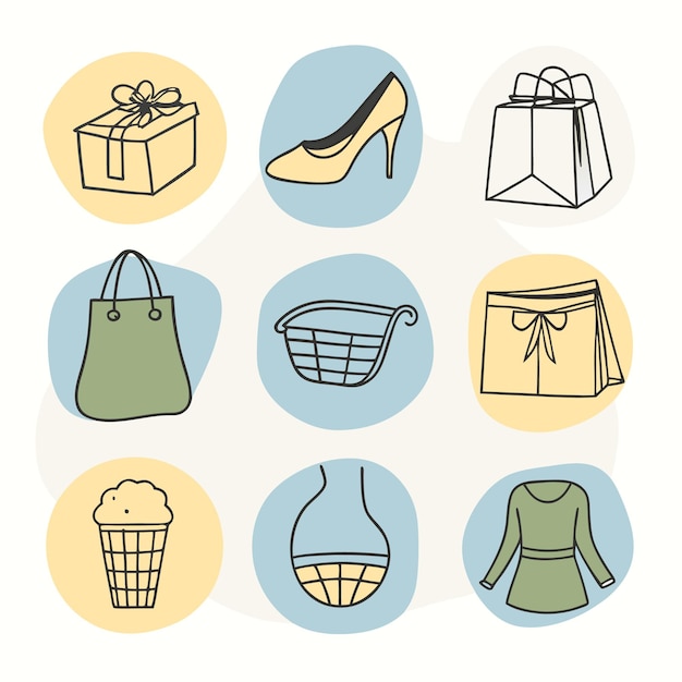 Conjunto de elementos de compras dibujados a mano en estilo doodle con caja de regalos, bolsa de compras de tacón alto, blusa de canasta y bolsa de regalos