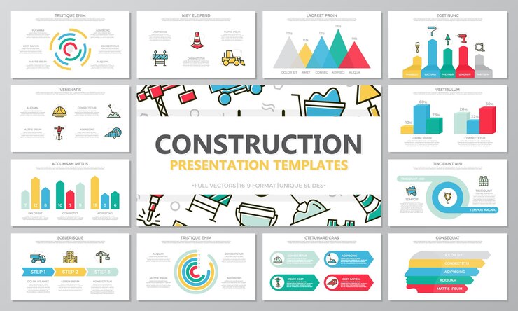 Vector conjunto de elementos de construcción y reparación para diapositivas de plantillas de presentación polivalentes con gráficos