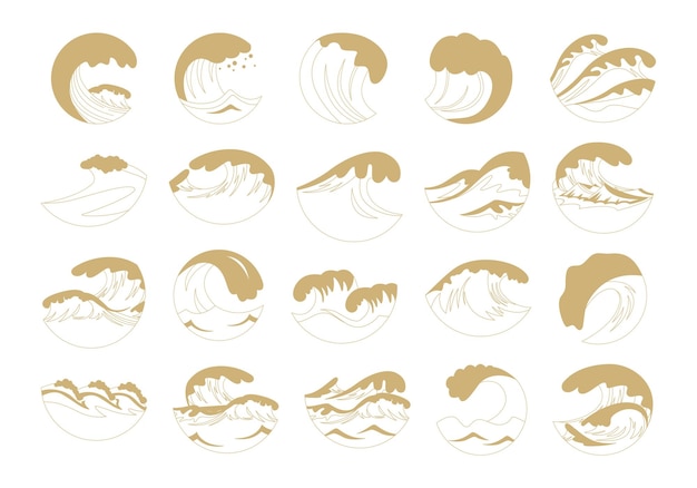 Conjunto de elementos de contorno de ondas oceánicas minimalistas