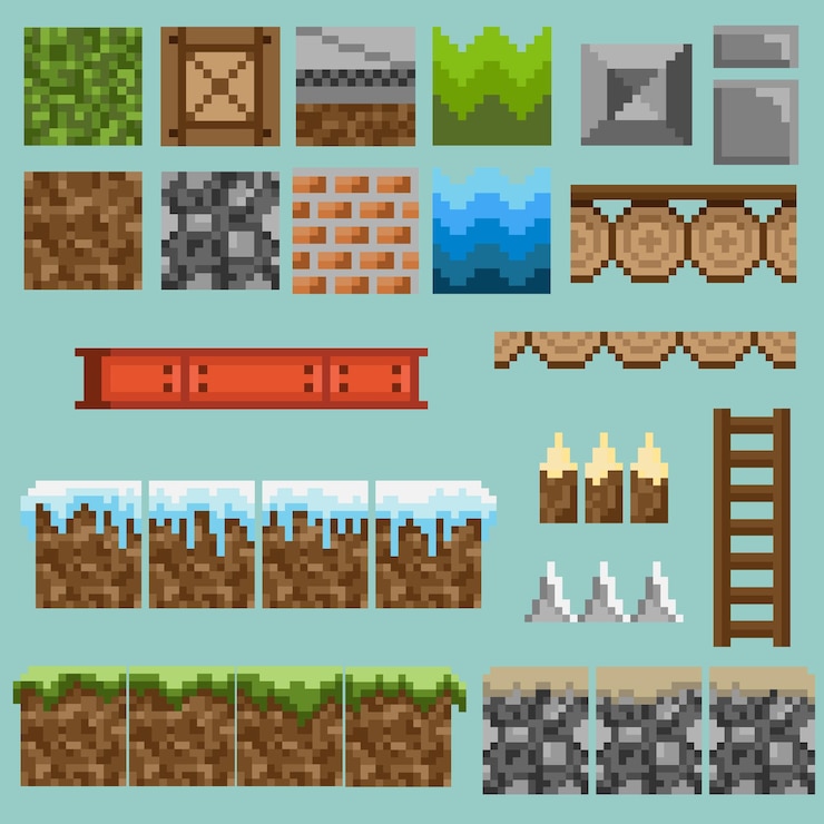 Vector un conjunto de elementos sin costuras de píxeles para crear un paisaje en juegos y aplicaciones móviles.