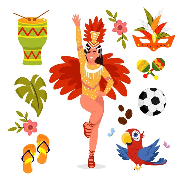 Conjunto de elementos de la cultura brasileña Ilustración vectorial de maracas con tambor lémur máscara de carnaval loro zapatos vietnamitas granos de café pelota de fútbol flores hoja aislada sobre fondo blanco