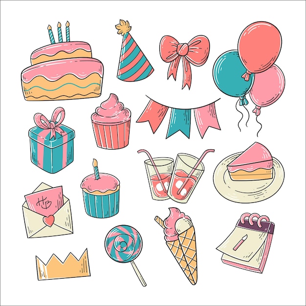 Conjunto de elementos de cumpleaños ilustración vectorial dibujada a mano Elemento de cumpleaños para decoración