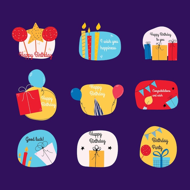 Conjunto de elementos de cumpleaños planos con velas regalos Insignias pegatinas de vacaciones Ilustración vectorial