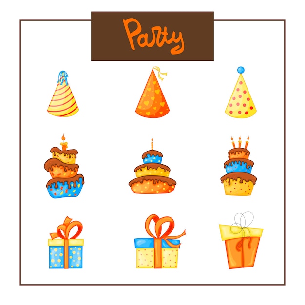 Conjunto de elementos de cumpleaños para tarjeta navideña o invitación. Estilo de dibujos animados. Ilustración vectorial.