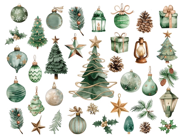Conjunto de elementos de decoración navideña de acuarela