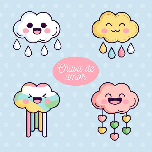 Conjunto de elementos decorativos chuva de amor dibujados a mano