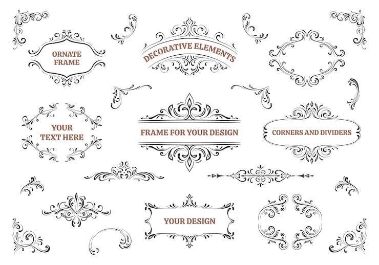 Vector conjunto de elementos decorativos para el diseño marcos ornamentados dibujados a mano fronteras divisoras colección vectorial vintage