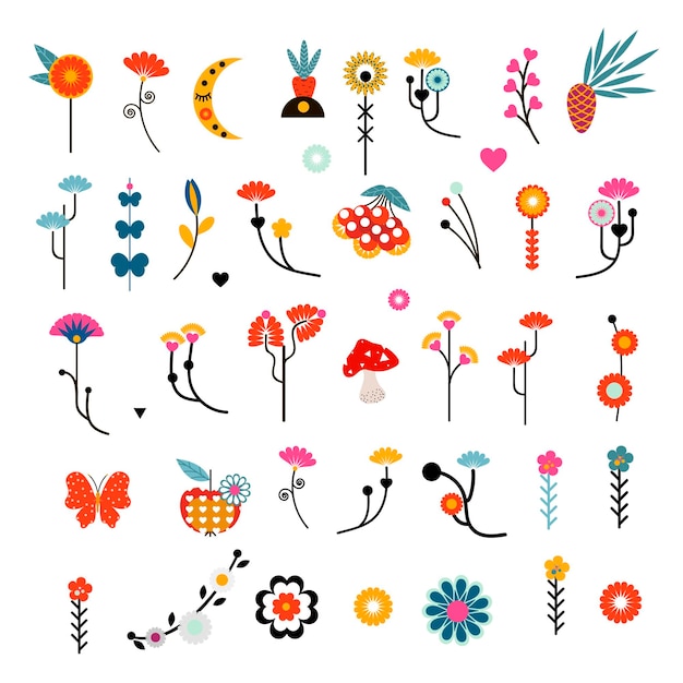 Vector conjunto de elementos decorativos florales y vegetales en el estilo del arte popular aislado sobre un fondo blanco ilustración vectorial