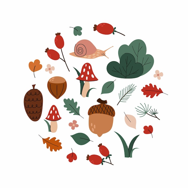 Conjunto de elementos decorativos forestales de estilo plano con elementos garabateados