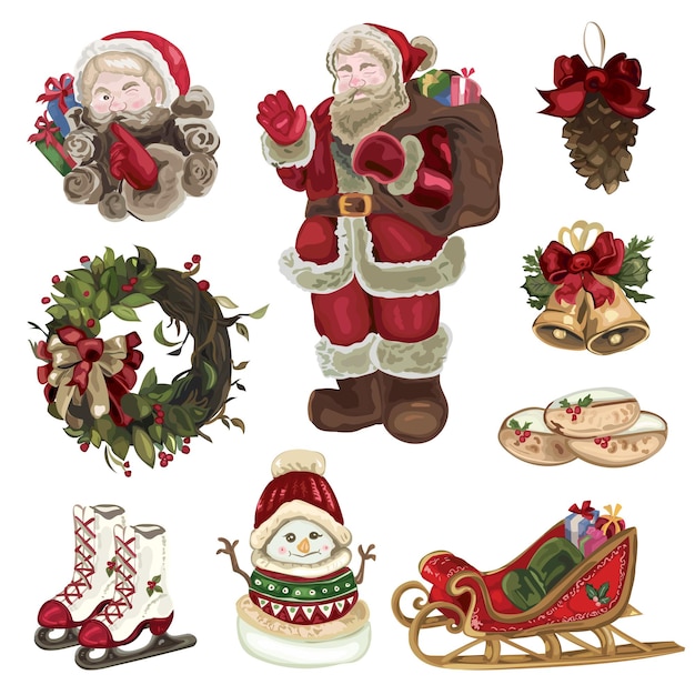 Conjunto de elementos decorativos navideños. Ilustraciones vectoriales sobre un fondo blanco