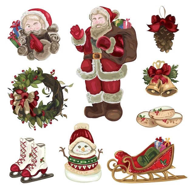 Conjunto de elementos decorativos navideños. ilustraciones vectoriales sobre un fondo blanco