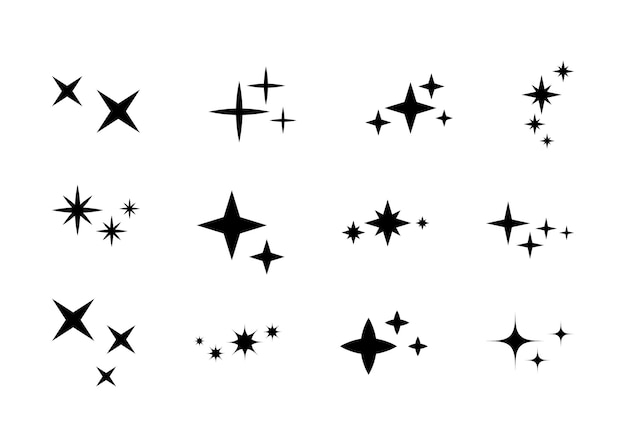 Conjunto de elementos de destellos decorativos Pequeñas estrellas negras aisladas sobre fondo blanco Lindas siluetas de estrellas festivas